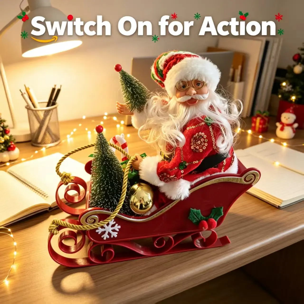 Plastic Electric Sleigh Santa Claus Ornament, Arm Swinging with Christmas Music, Home Desktop Window Holiday Decor, Craft Gift