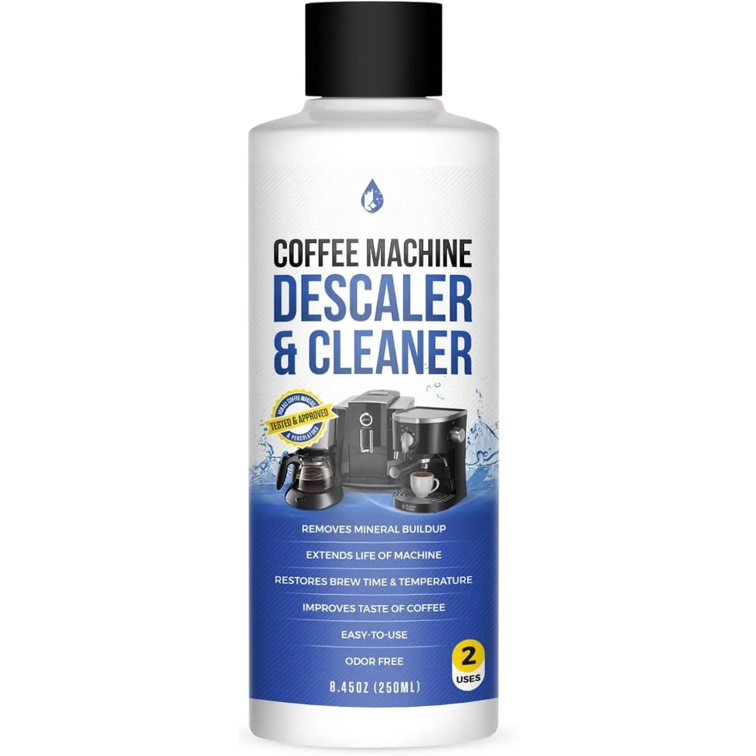 Coffee Machine Descaler & Cleaner - 2 Uses. (1 Bottle)  Descaling Solution Compatible with , , Delonghi and  Single Use Coffee and Espresso Machines