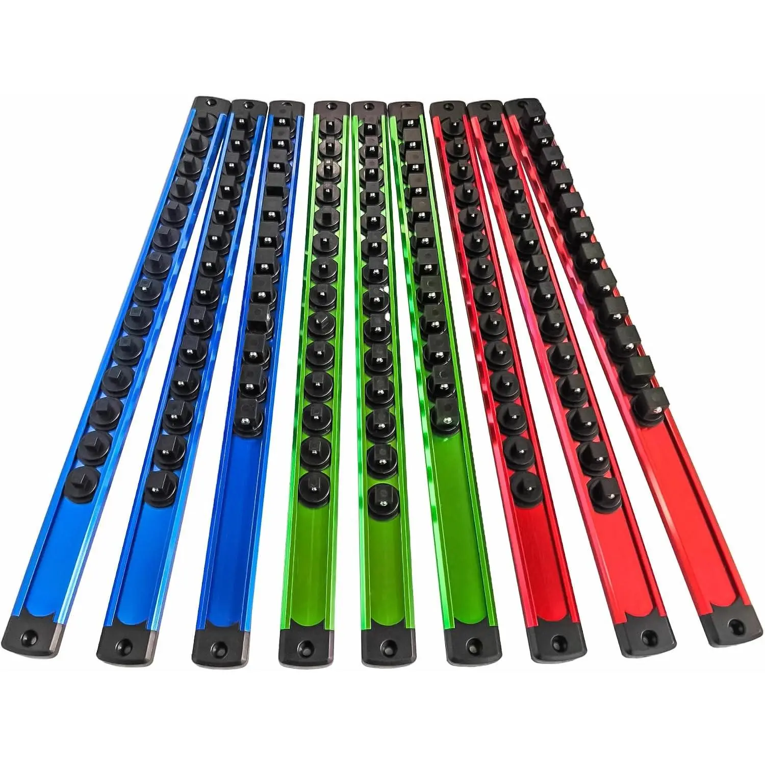 9-Piece Magnetic Socket Holder Organizer Set - Detachable Trays for 1/4", 3/8", 1/2" Sockets, 120-Piece Toolbox Drawer Organizer, Aluminum Alloy Garage Storage for Mechanics & DIY (Red/Blue/Green)