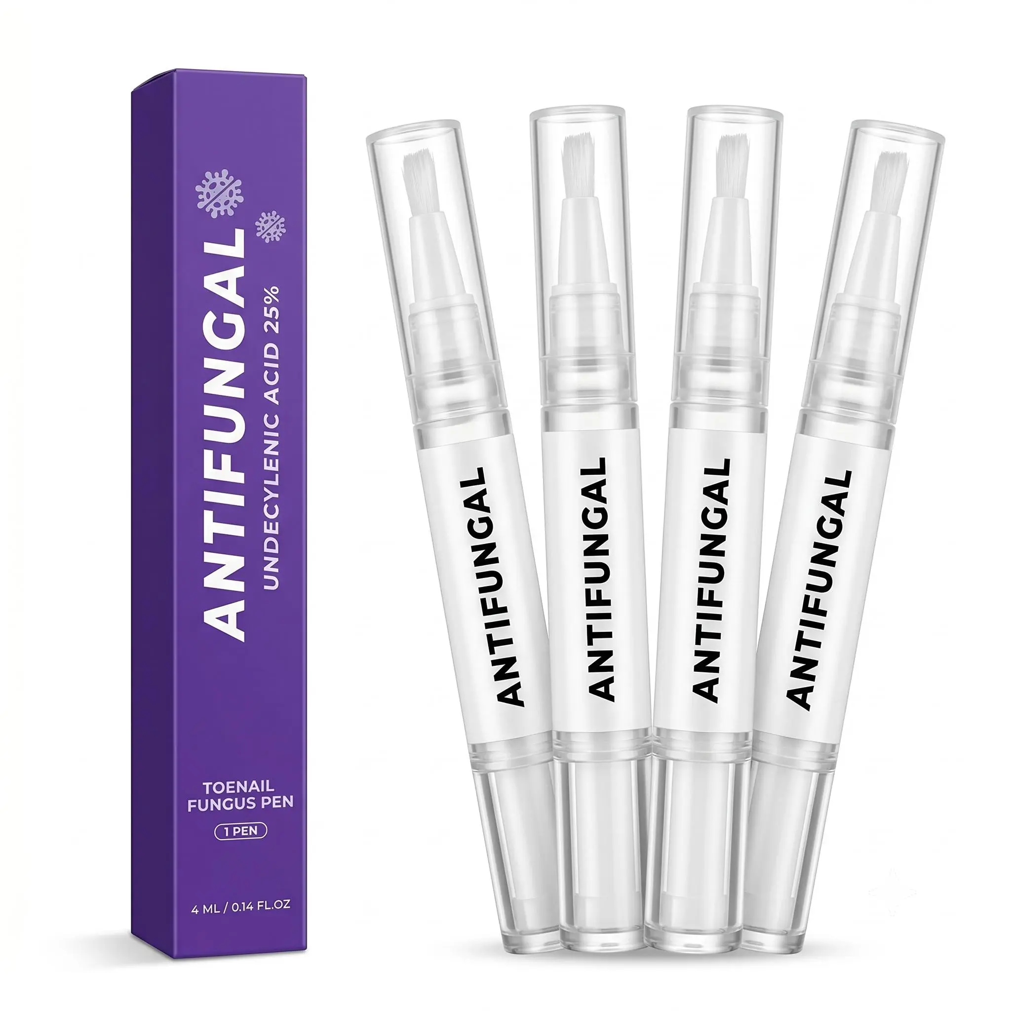 4-Count Undecylenic Acid Toenail Fungus Pen (25% Concentration, 0.14 Fl Oz Each) - Nail Care Eliminator with Liquid Brush Applicator, Glycerin & Menthol Cosmetics for Adults’ Damaged Nail Repair, Apply Evenly Daily Treatment, Improves Appearance of Nails
