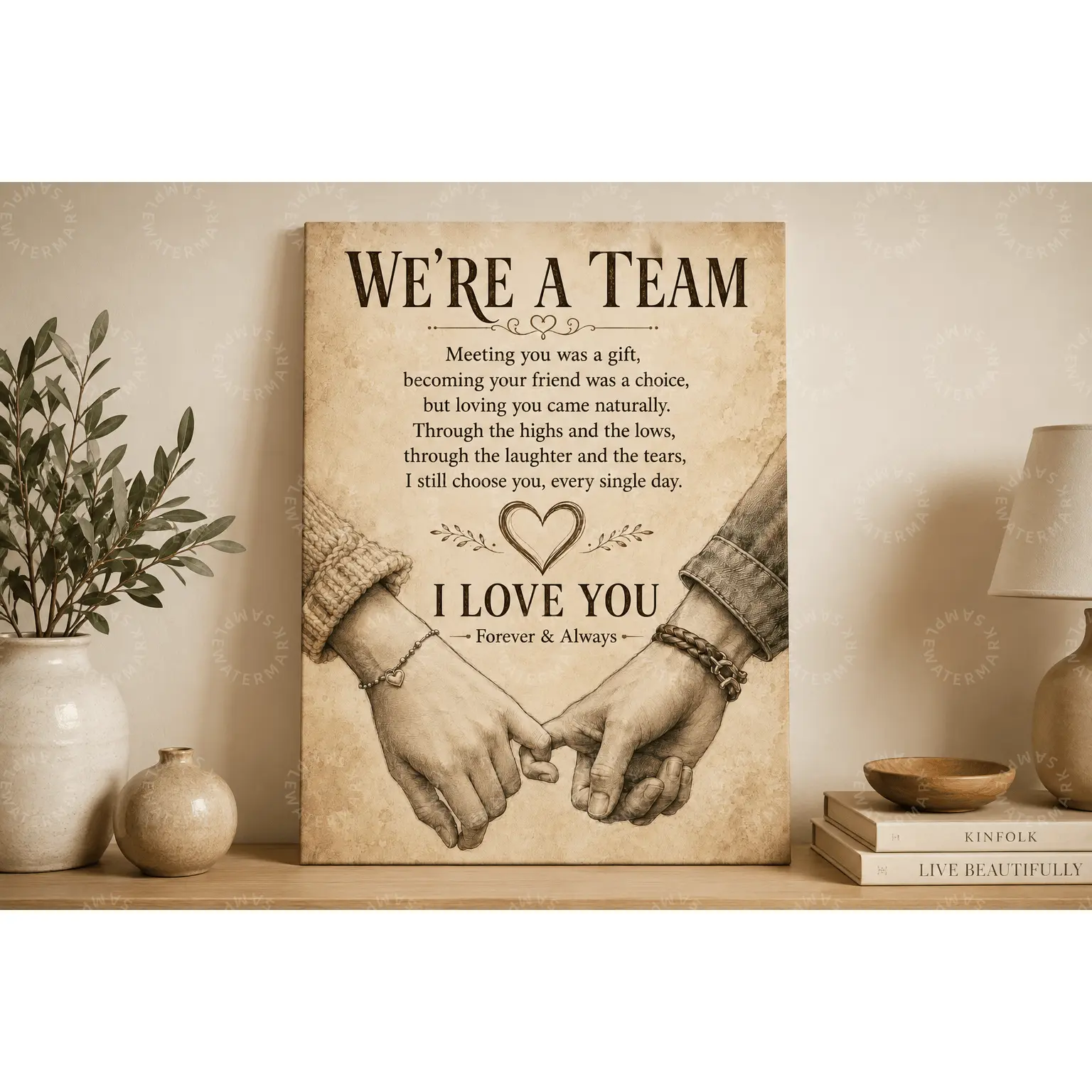 We’re a Team I Love You Canvas Poster, Vintage Beige Pinky Promise Couple Wall Art, Romantic Bedroom Wall Art, Living Room Decor, Anniversary Wedding Gift for Husband Wife