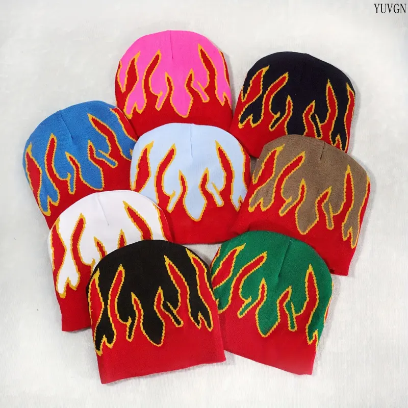 Y2K Flame Jacquard Knit Beanie, Unisex Streetwear Brimless Skull Cap, Stretchy Warm Trendy Hat for Outdoor Cycling Sports Hip-hop Cold Weather & Party Wear