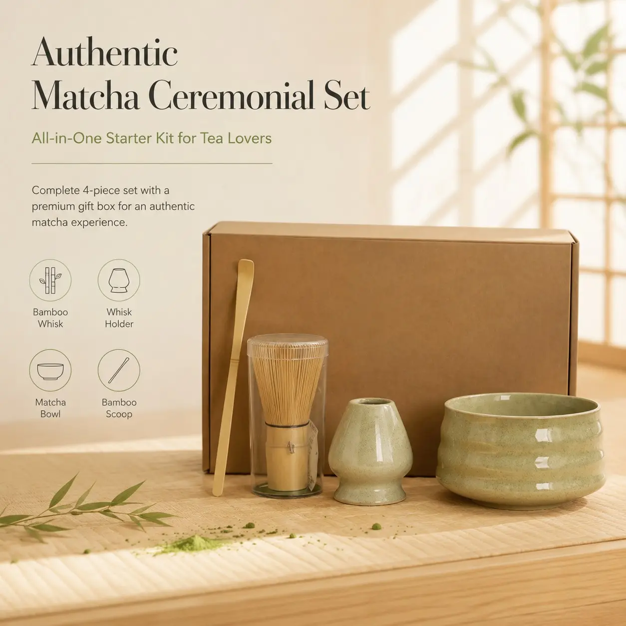 Japanese Matcha Tea Set, 4-Piece Authentic Matcha Kit, Includes Ceramic Bowl, Bamboo Whisk, Spoon, Stand, Ideal Gift for Tea Lovers