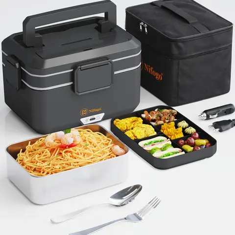 Heated Electric Insulated Lunch Box for Adults - 80-100W Durable Compact Portable Household Item, 1.8L 304 Stainless Steel Container, Tableware Fork & Spoon, 110V/12V/24V for Work/Car Use, Thermal Lunch Box with Accessories