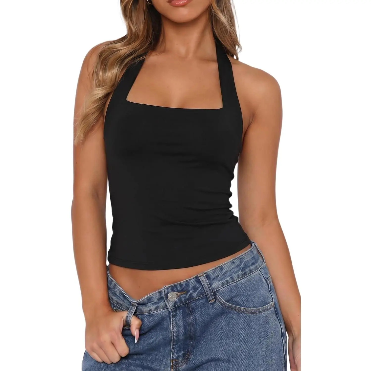 QINSEN Women's Backless Halter Tank Top Button Closure Square Neck Double Line Casual Daily Top Going Out Cami