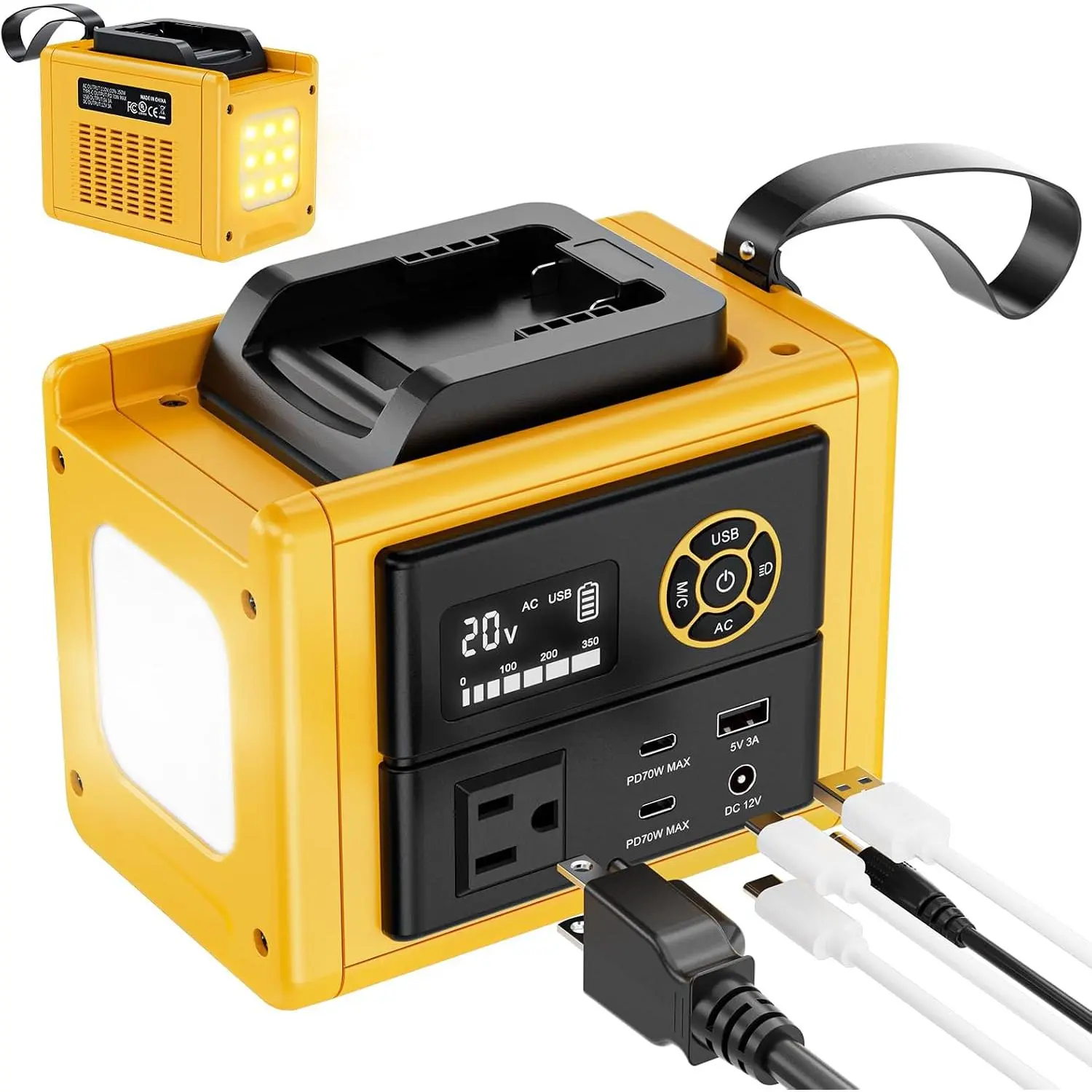 350W Power Inverter Compatible with DeWALT 20V Battery (Tool Only), DC to AC 110V Power Station: 2x70W USB-C Fast Charger, AC, USB-A, 12V DC, 800lm LED & Display – Camping, Job Site, Emergency