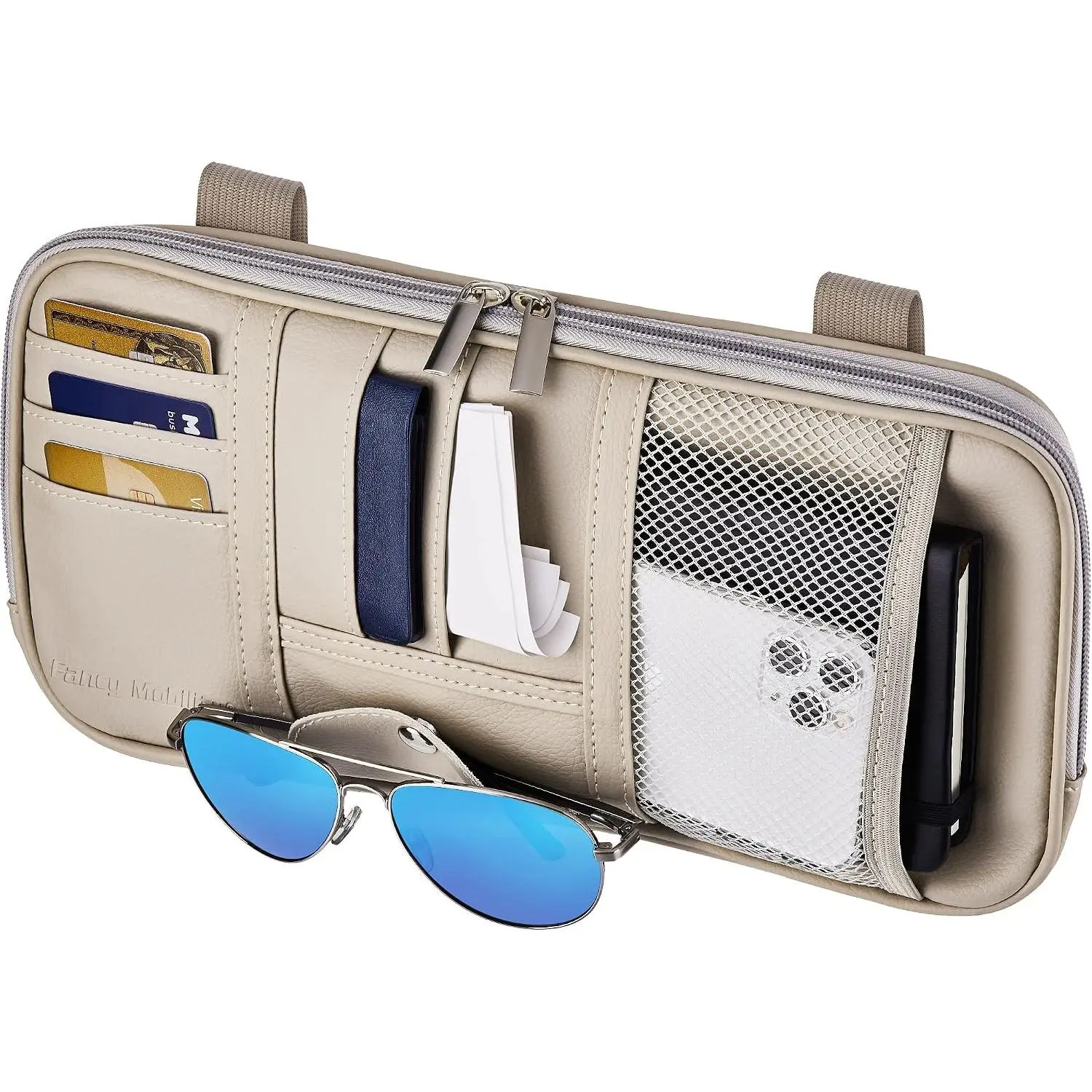 Sun Visor Organizer – , SUV,  Interior Accessories -  Glasses Holder & Full Length Horizontal Pockets, Allows Safe Driving - 12.2 X 6.1 In, Beige