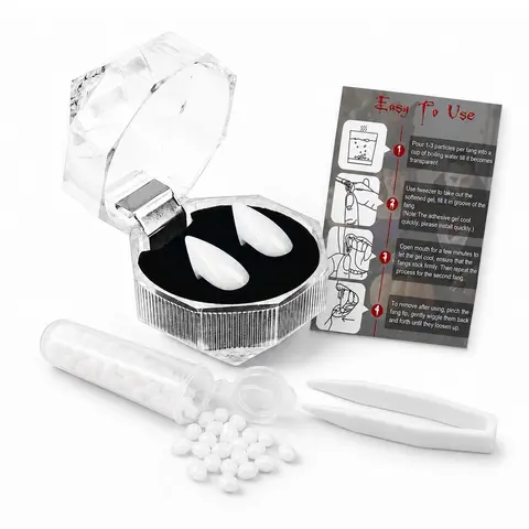 Vampire Fangs Fake Teeth Kit with Storage Box, Reusable Resin Cosplay Dentures, Fitting Beads & Tweezer, Adult Halloween Party Makeup, Party Accessory