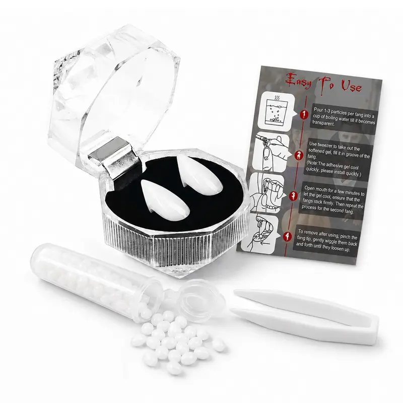 Vampire Fangs Fake Teeth Kit with Storage Box, Reusable Resin Cosplay Dentures, Fitting Beads & Tweezer, Adult Halloween Party Makeup, Party Accessory