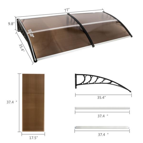 Window Awning Door Canopy Exterior 80" x 40" Awnings for Doors Polycarbonate Cover Patio Door Awning Rain Snow Sunlight Protection Hollow Sheet Brown Board & Black Bracket Adjustable Shade