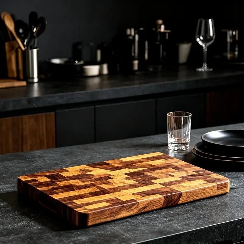 Durable Mold-Resistant Teak Cutting Board, Wooden Puzzle Design, Geometric Grid, Food Grade Surface, Multi-Purpose Indoor Outdoor Use