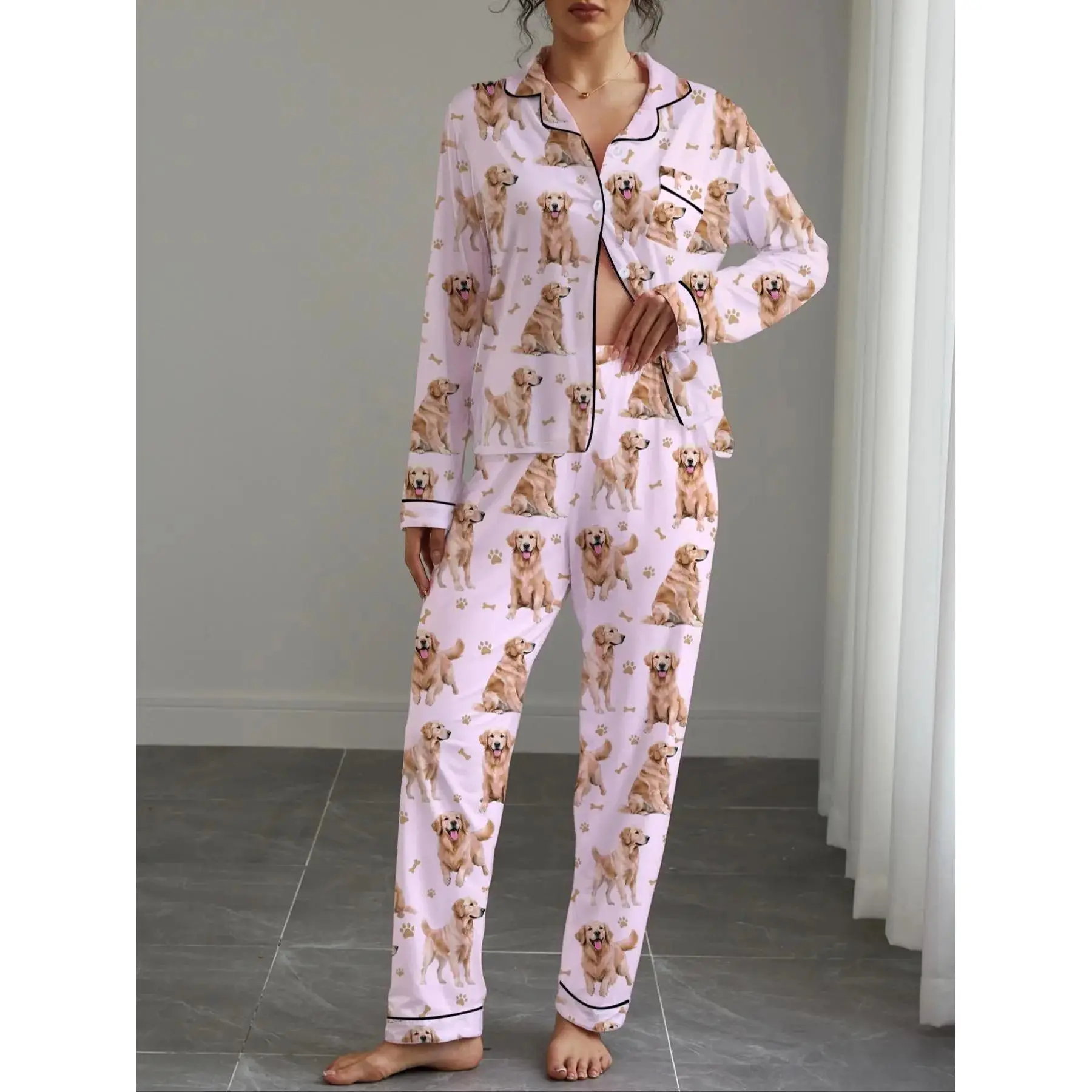 Women's Autumn Winter Fit Pajama Set, Cute Golden Retriever Print Nightwear, Shirt Collar Button Front Long Sleeve Top & Elastic Stretchy Pants Loungewear, Homewear, Pjs, Pyjamas, Casual Sleepwear Loungewear, Pajamas Sets