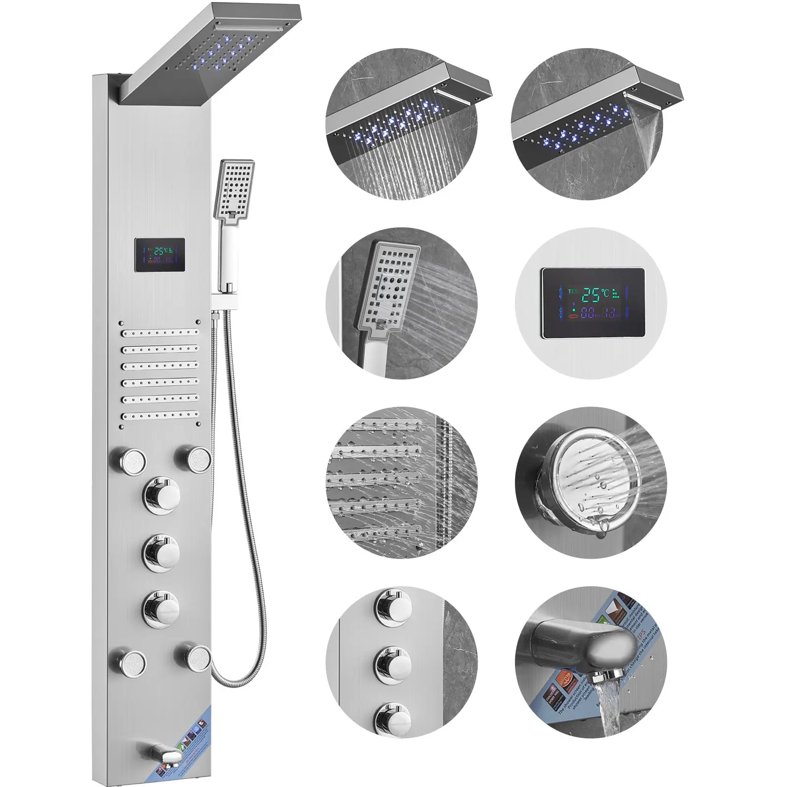 VEVOR Wall-Mount Stainless Steel Shower Panel System, 6 Modes LED Hydroelectricity Panel with Screen, Rainfall, Waterfall, 5 Massage Jets, Tub Spout, Handheld Shower Set, Led Panel