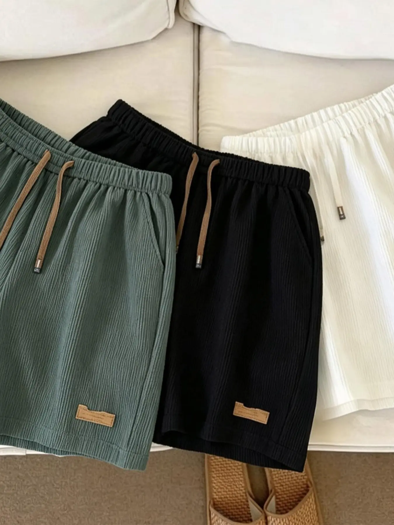 3-Pack Men's Vertical Texture Wrinkle Waffle Fabric Drawstring Waist Summer Casual Shorts, Lightweight Breathable Loose Fit, Drawstring Waistband Shorts