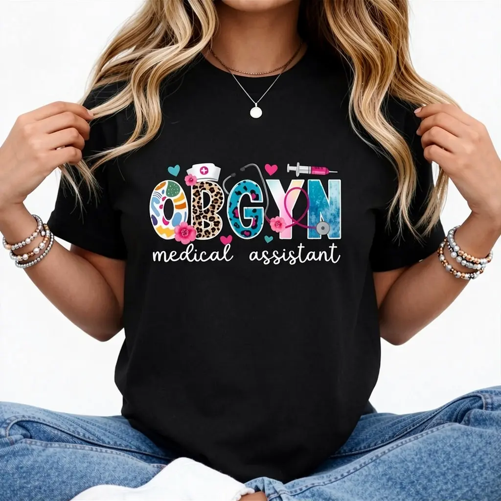 OBGYN Medical Assistant Leopard OB-GYN Medical Assistant T-Shirt Crew Neck T Shirt For Summer, Women's Soft Short Sleeve Top, Stylish Comfy Tee For Women Graphic Tees