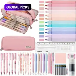 50PCS Morandi stationery set, Art materials, Classroom Supplies, Large Pencil Case, 8PCS black gel pens, 6PCS Morandi 0.5mm mechanical pencil, 12PCS Color Pastel Highlighters, eraser, ruler, Office School Supplies Gifts for Women Men #GLOBAL PICKS