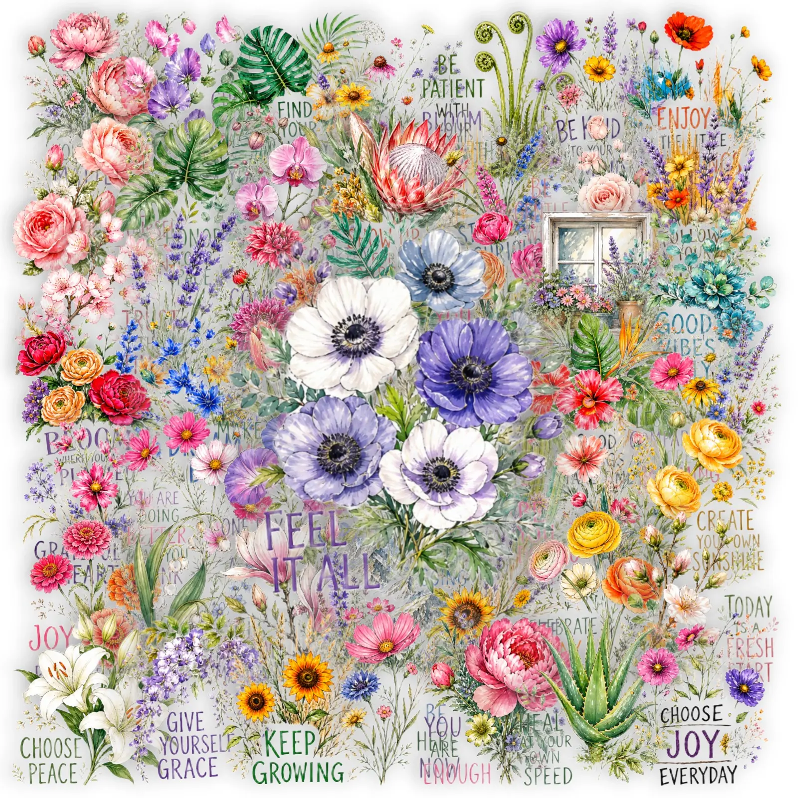 50Pcs Clear PET Watercolor Floral Positive Quote Stickers, Aesthetic Transparent Decorative Stickers, Planner Accessories, Office Products, Back To School Stationery for Journal Scrapbook Notebook