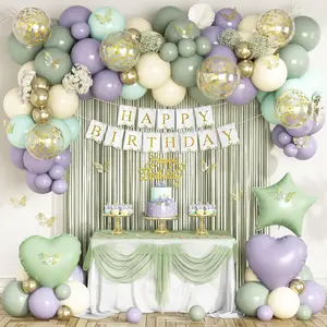 Dusty Green  White Balloon Arch Garland Kit for Birthday  Shower Party Decorations, with Happy Birthday Banner, Foil Balloons, Sash, Fringe Curtain, Cake Topper, Butterfly