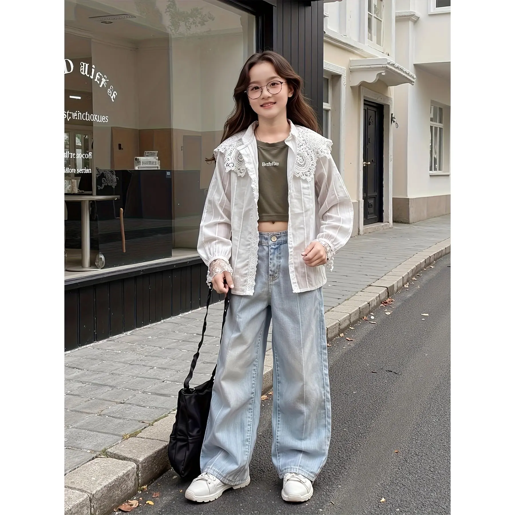 Girls Spring Autumn Sweet Long Sleeve Blouse, Lovely Girly Style Medium & Big Kids Top, Soft Comfortable Autumn Base Layer, Versatile Casual Shirt For Daily Outfits And Outdoor Activities