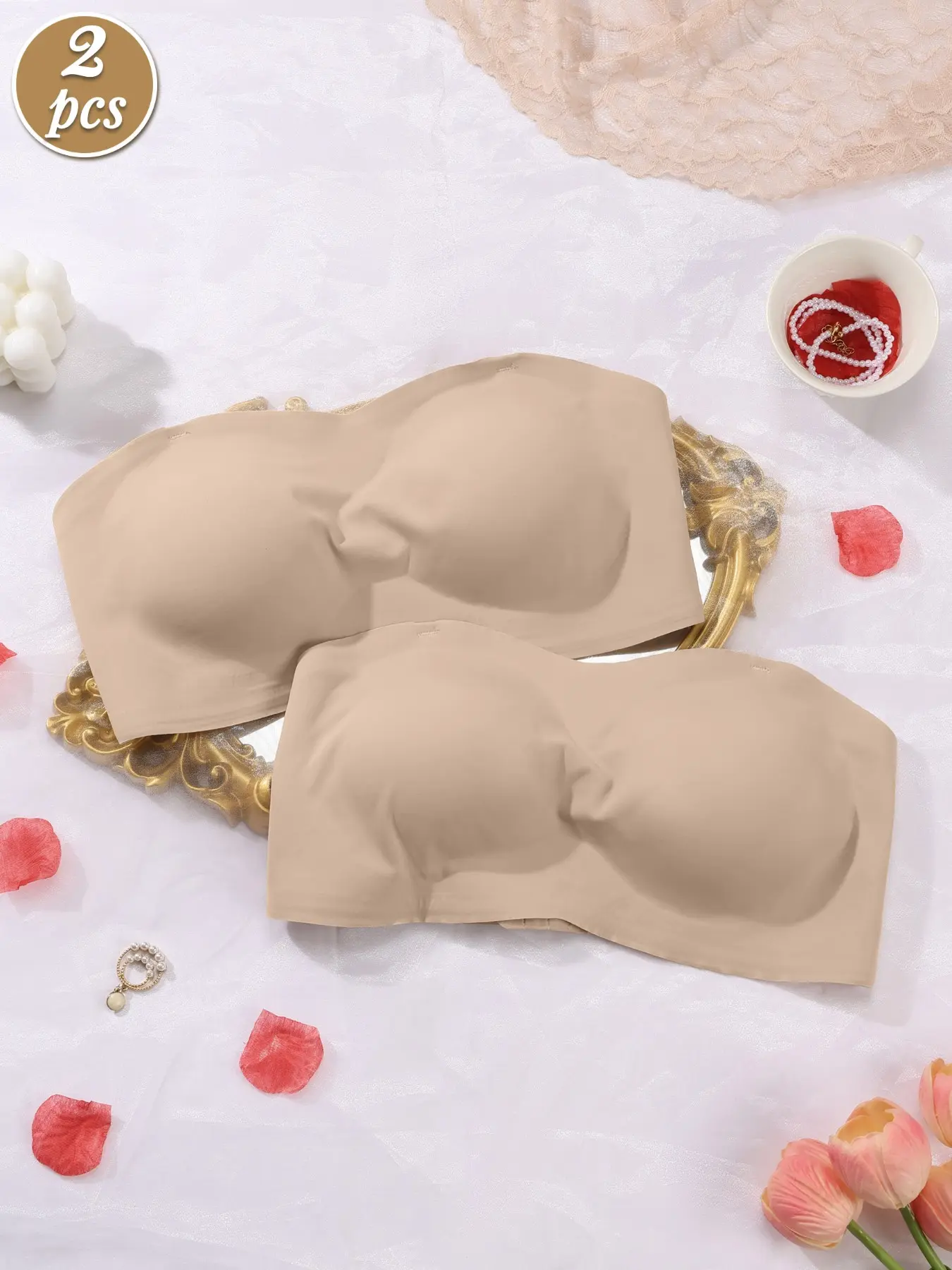 2 Pack Wedding Strapless Bra Underwear Invisible Seamless Non Slip Push Up Bandeau Chic Elegant Soft Support for Brides and Formal Events