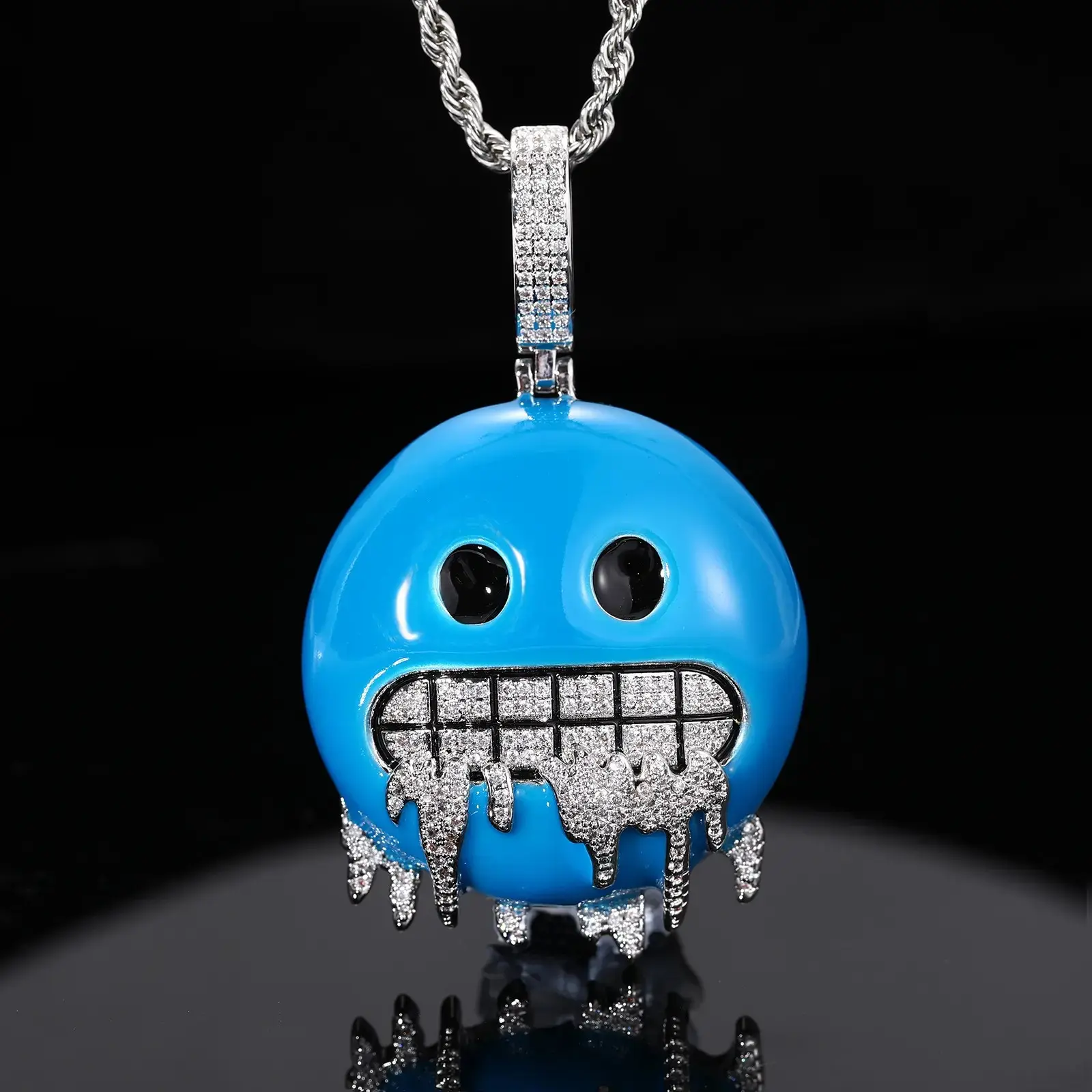 Blue Emoji Pendant Necklace for Men, Cartoon Face Chain Necklace, Silver CZ Diamond Drip Smile Pendant, Hip Hop Statement Jewelry, Streetwear Gift Accessory
