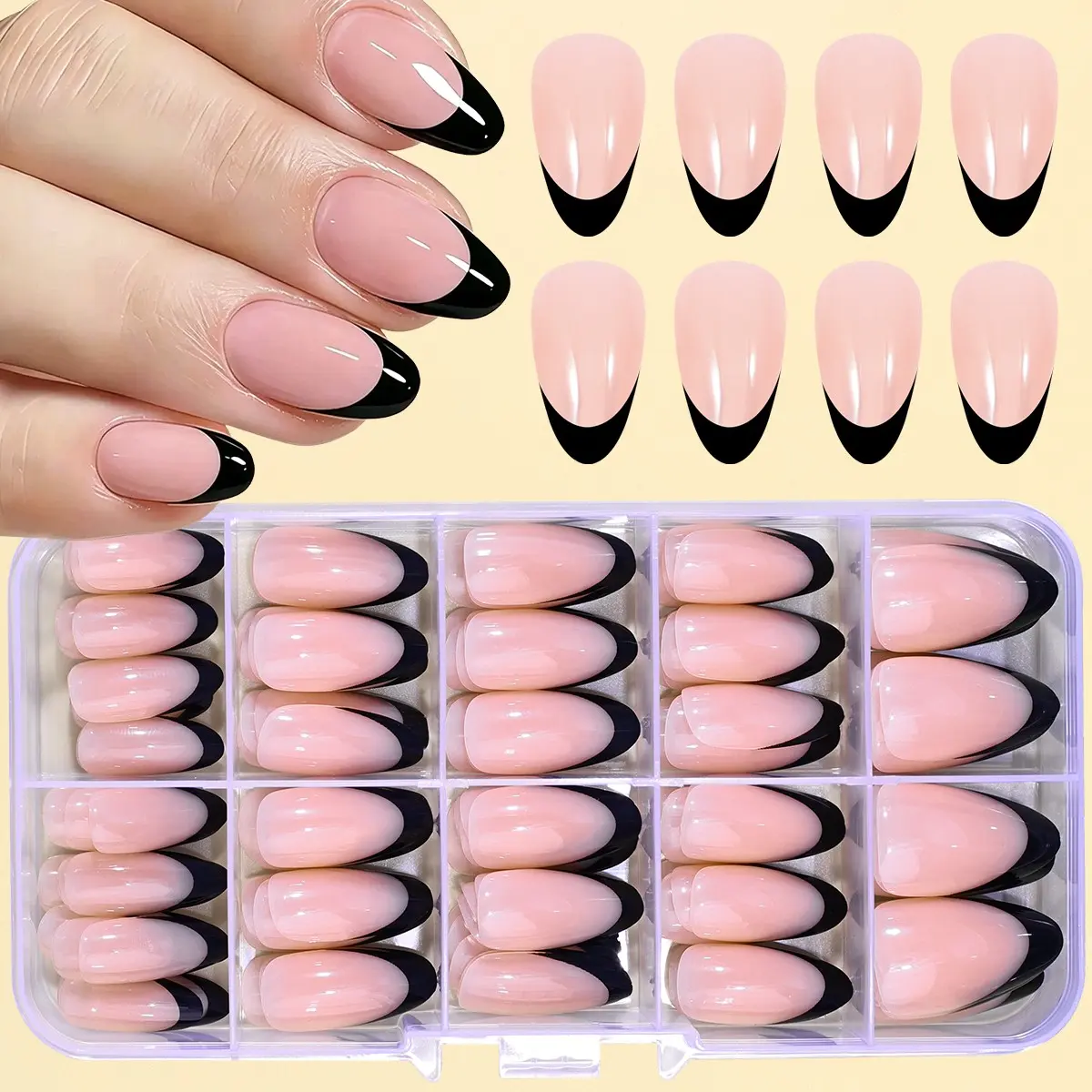 150pcs Nude French Almond Press-On Nails with Black French Tips French Nail Art