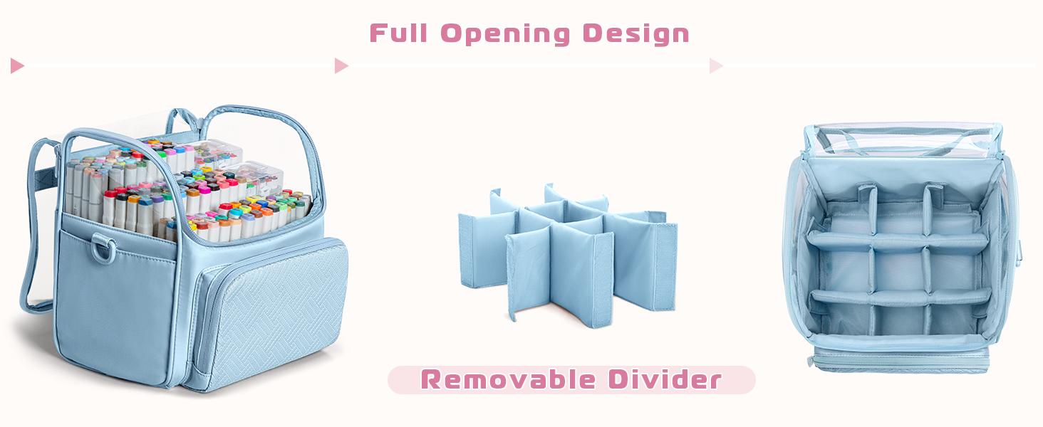 Large Marker Organizer Case for 180 Markers, Marker Storage Bag for Markers, Paint Brushes, Colored Pencils or Other Art Supplies with Dividers and Shoulder Strap (Blue)