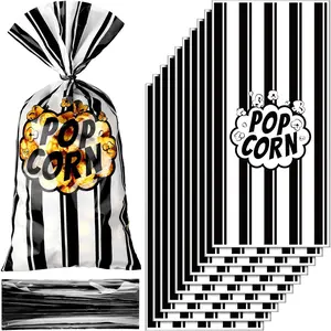 200 Pcs Bulk Retro Black Plastic Popcorn Bags With Twist Ties for Popcorn Machine Snack Carnival Graduation Movie Night Party Supplies