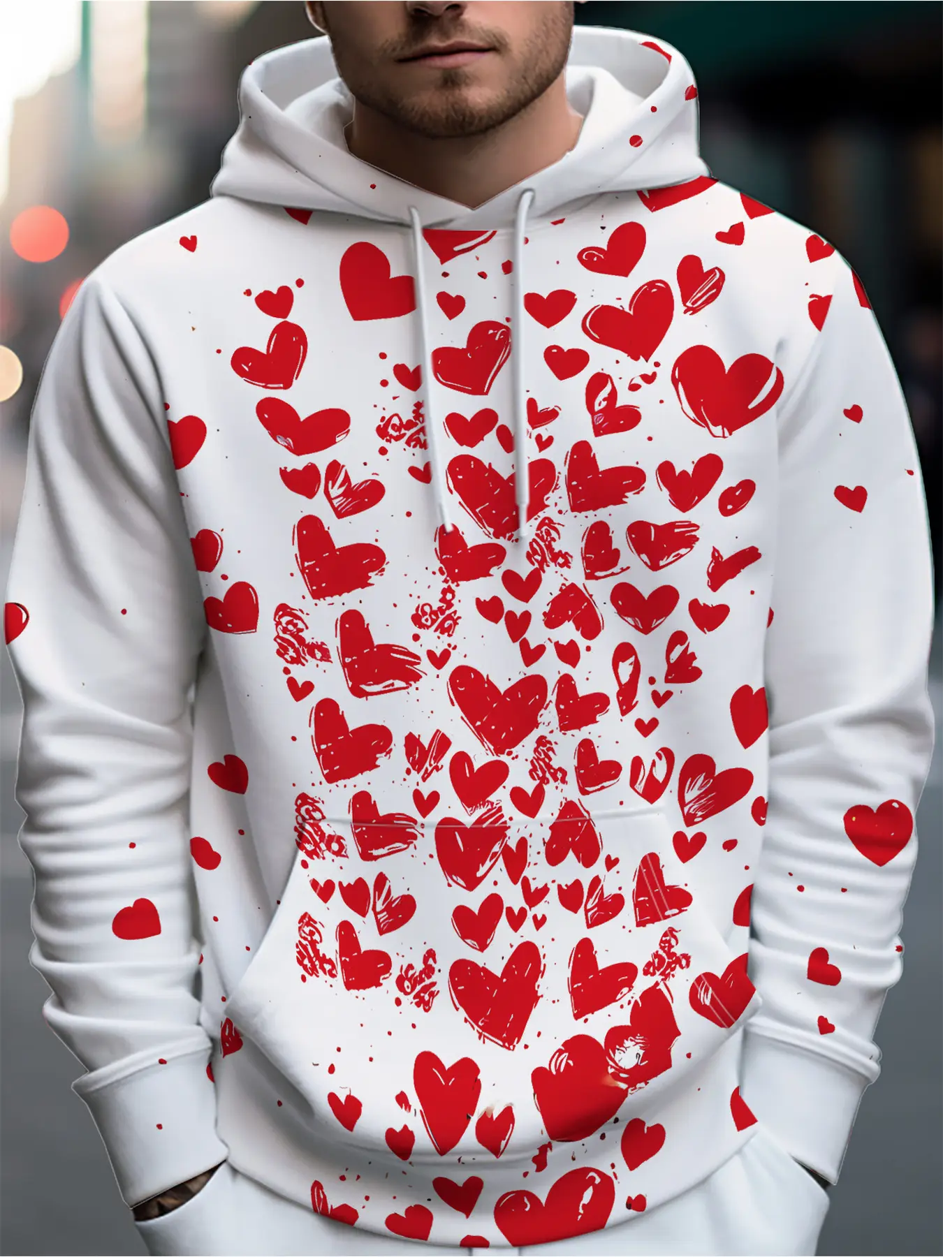 Men'S Pullover Hooded Sweatshirt With A Digital Print Of Scattered Red Hearts On A White Background, Suitable For Spring, Autumn, And Winter Sports, Comfortable And Warm, Made From Machine-Washable Fabric