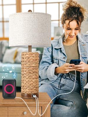 Set of 2 Rattan Table Lamps for Living Room with 2 USB Ports, 27in Tall Bedroom Lamp Costal Farmhouse, Rustic Woven Seagrass Bedside Nightstand Lamps for End Table, E26 Socket&Rotary Switch, No Bulb