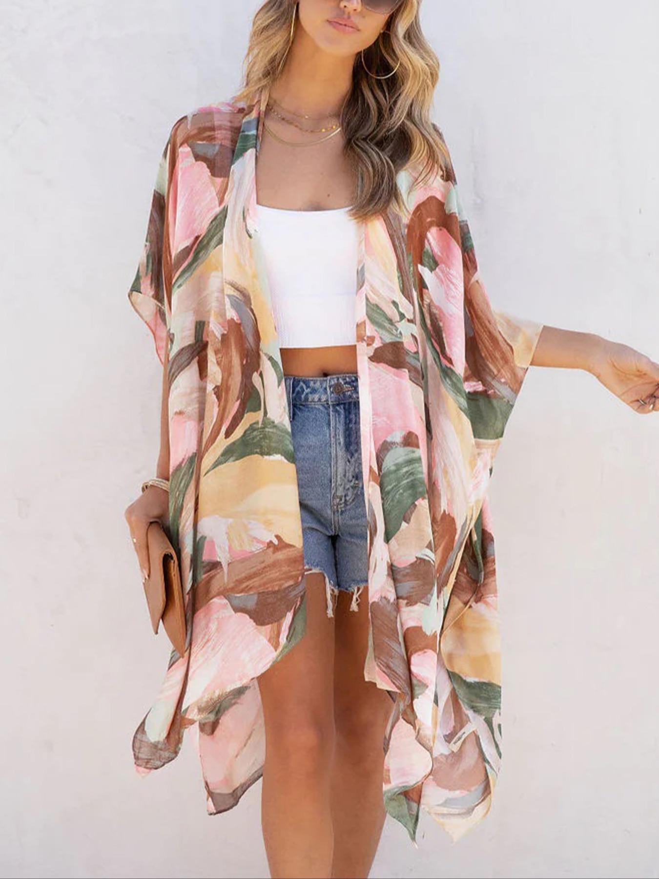 Women's All Over Print Batwing Sleeve Kimono, Casual Open Front Kimono, Ladies Summer Swimwear for Beach Vacation Holiday, Bold Colors and Designs, Womenswear