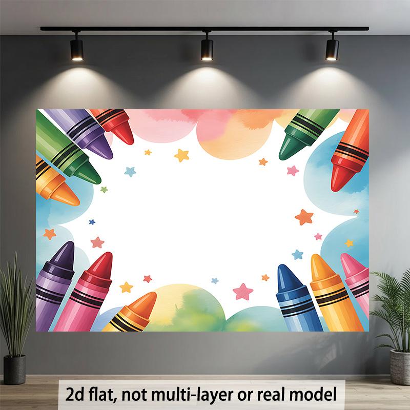 2D flat banner 1pc, Colorful Crayon Frame Durable background fabric suitable for classrooms, offices, and activities - ideal for photo booth props and home decorations, 2D Flat
