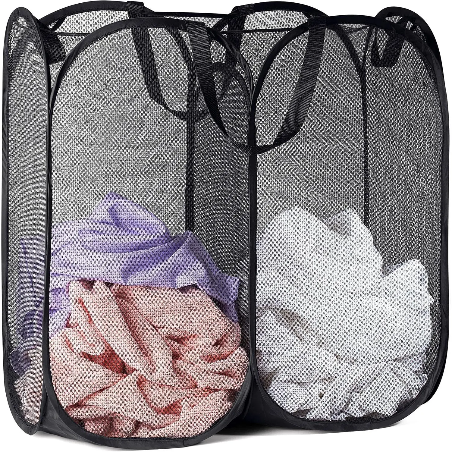 Double Pop Up Hamper, 2 Section Mesh Basket, Black | Collapsible  Basket, 44 Gal Foldable Divided Sorter, Reinforced Handles,  Compartment for Dorm, Travel, Apartment