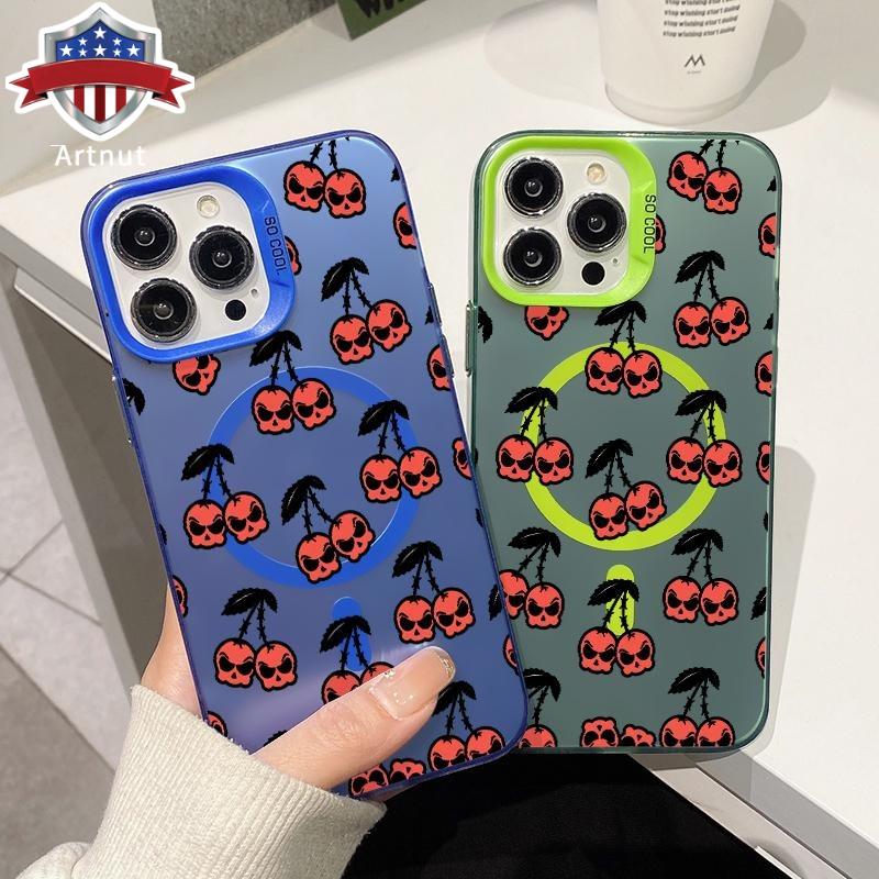 SKULL BERRY柄 iPhone16proカバー Skull Cherry Party Pattern Magnetic Phone Case for iPhone17 16 15