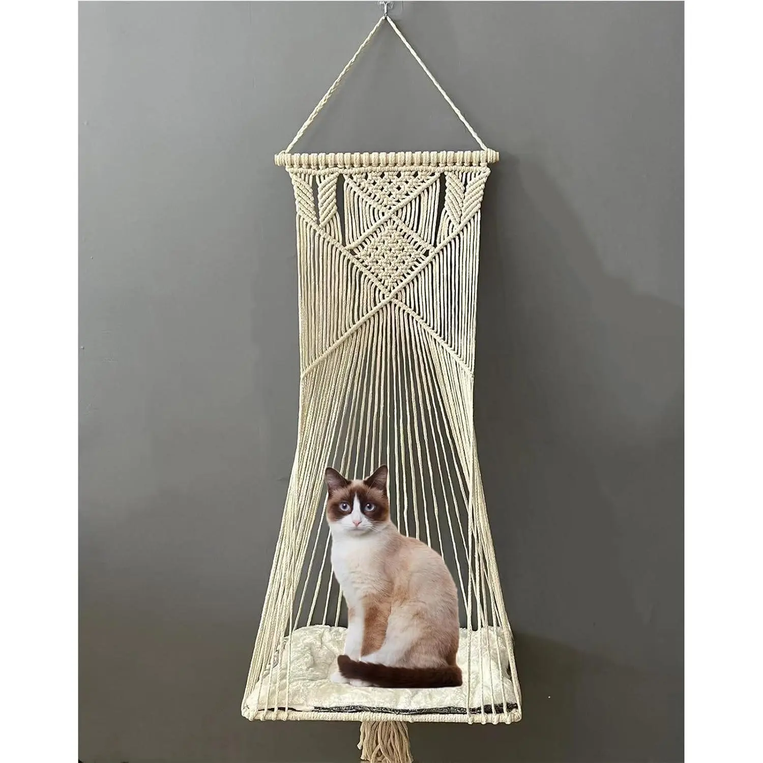 Macrame Hanging Cat Hammock Cat Swing Bed for Indoor Cats, Boho Cats Perch Bed for Sleeping, Playing, Climbing, and Lounging (Beige)