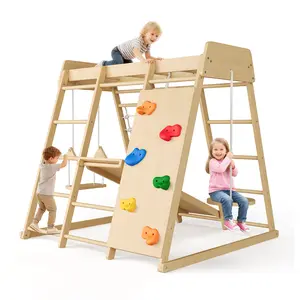 8-in-1 Wooden Jungle Gym for Kids, Indoor & Outdoor Climbing Playset with Swing, Slide, Monkey Bars, Rock Climbing Wall, Rope Wall, Ladder & Climbing Net, Natural Wood, Ages 1-8