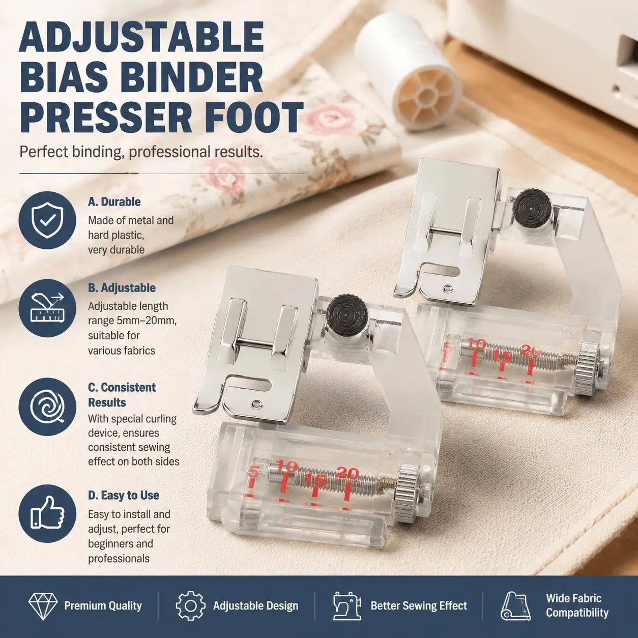 Non-Slip Ergonomic Snap-On Beaded Hem Presser Foot for Bias Binding, Precision Attachment for Chiffon & Denim, Anti-Mishap Set, Professional Sewing Machine Upgrade, Essential DIY Tool