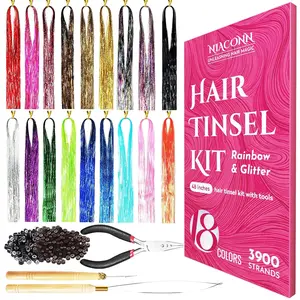 Glitter Hair Tinsel Extensions Kit 18 Colors with Tools and Beads, 48 Inch Sparkly Fairy Colorful Tensile Strands Shiny Hair Accessories for Women Girls Kids