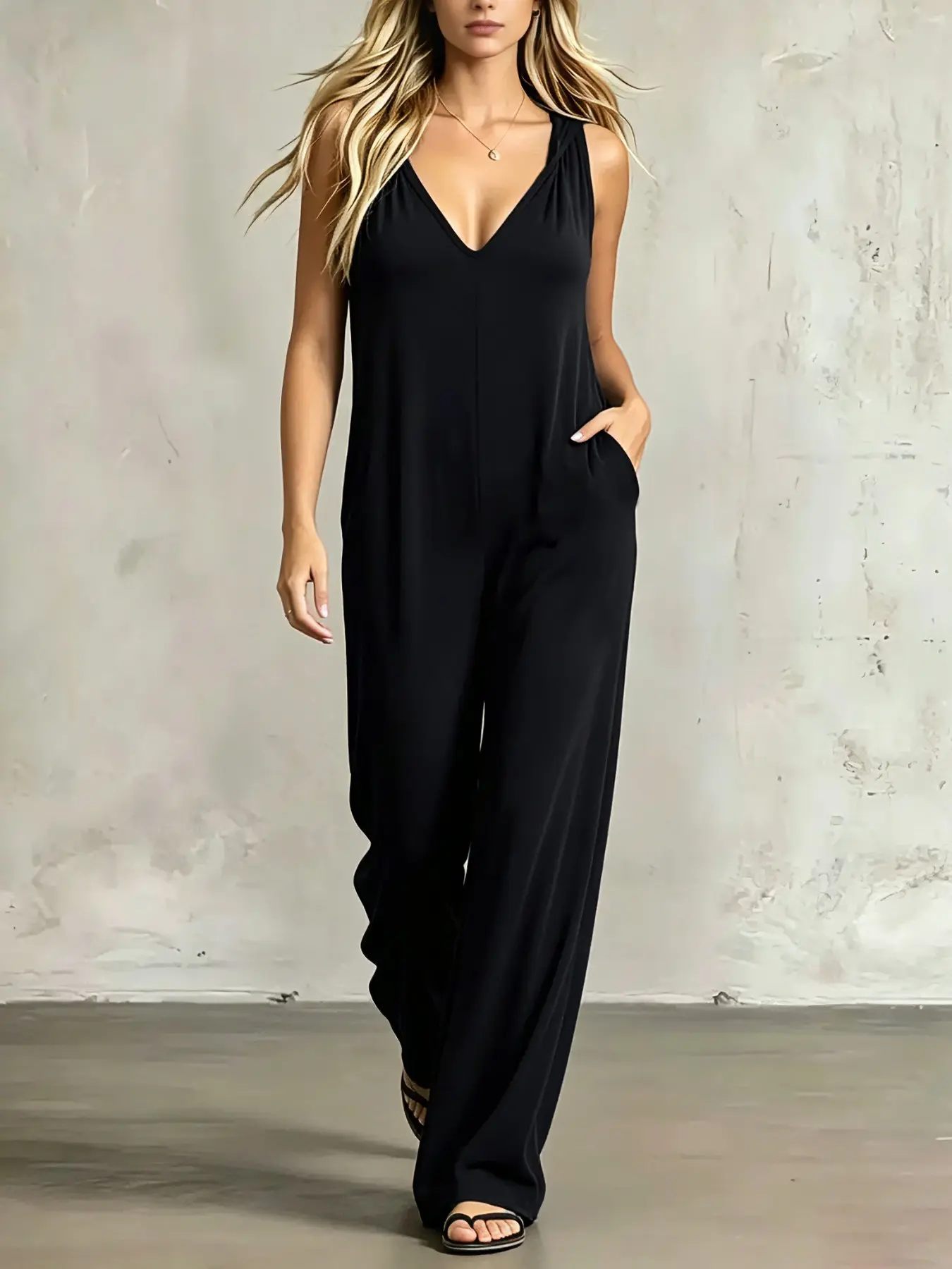 From Sofa to Street, Sleeveless Deep V Romper, Loose Wide Leg Hooded + Side Pockets, Casual Home Sleepwear One-Piece