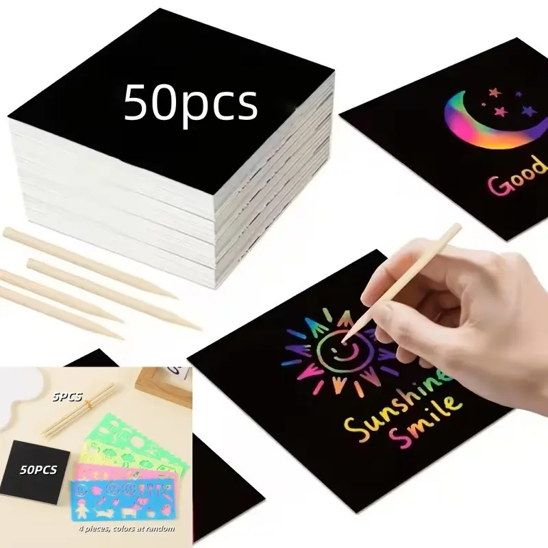 50pcs Magic Scratch Art Paper Set with 4 Templates and 5 Bamboo Sticks, Rainbow Art Kit for Boys and Girls, Perfect Birthday Gift