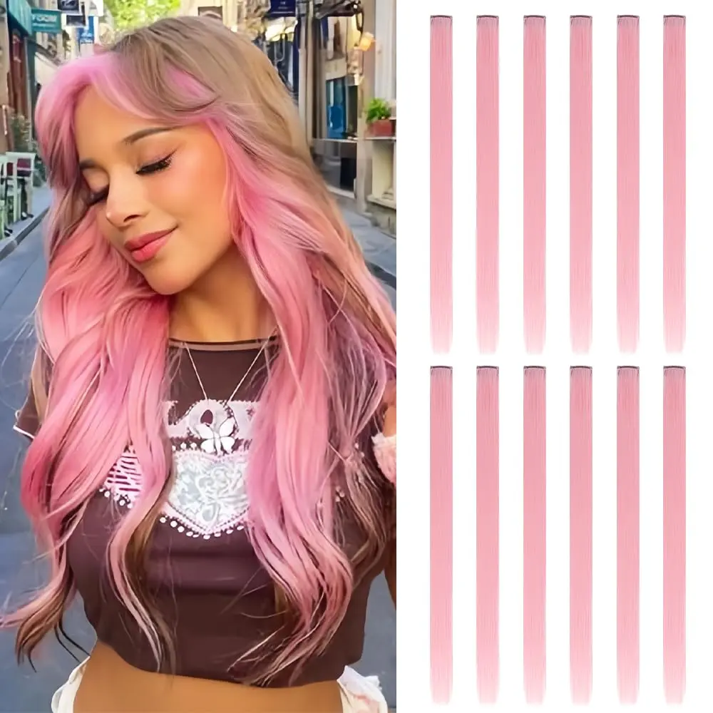 Clip Hair Extensions, 12 Pcs 20-Inch Long Straight Synthetic Hairpieces with Party Highlights, Light Pink for Women