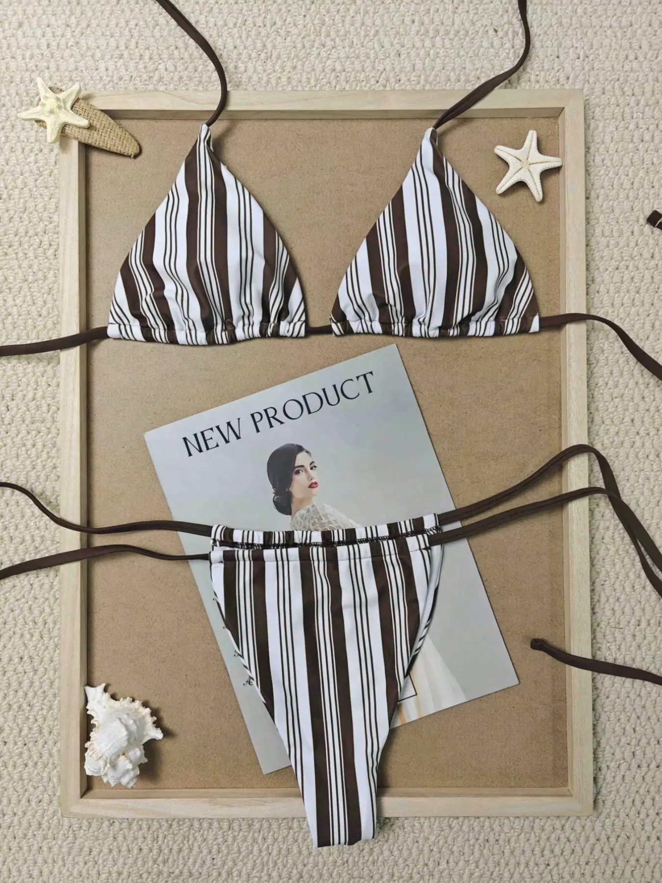Vintage Vertical Striped Casual Bikini, Minimalist Colorblock Coffee Stripe Beachwear, Sexy Tie-Band Swimsuit for Women, Stripe Bikini Set