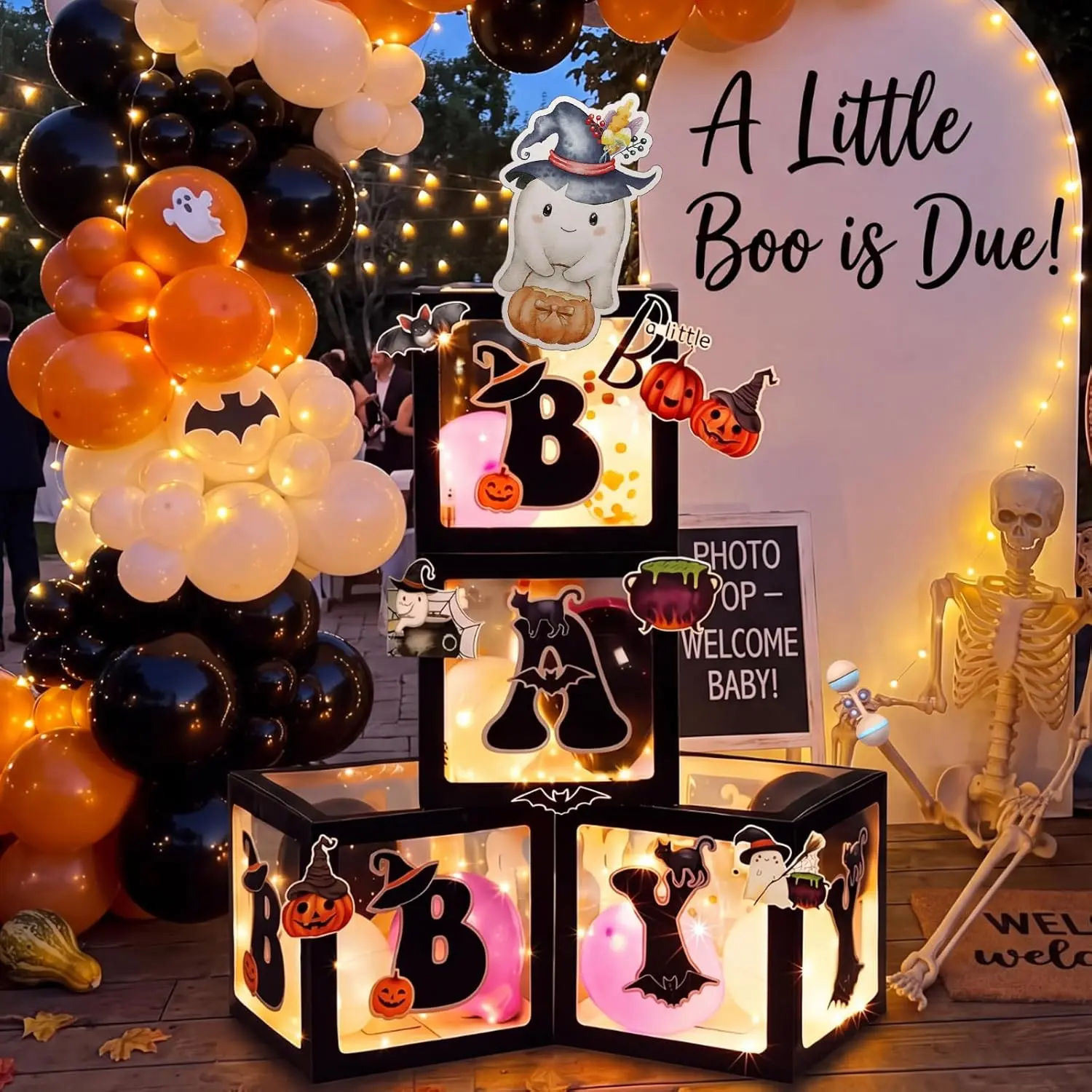 42 count Halloween  Shower Decorations Balloons Boxes 4 count Letter Blocks Transparent Box with 4 LED Light Strings Halloween Party Decoration a Little Boo Is Almost Due Party Supplies