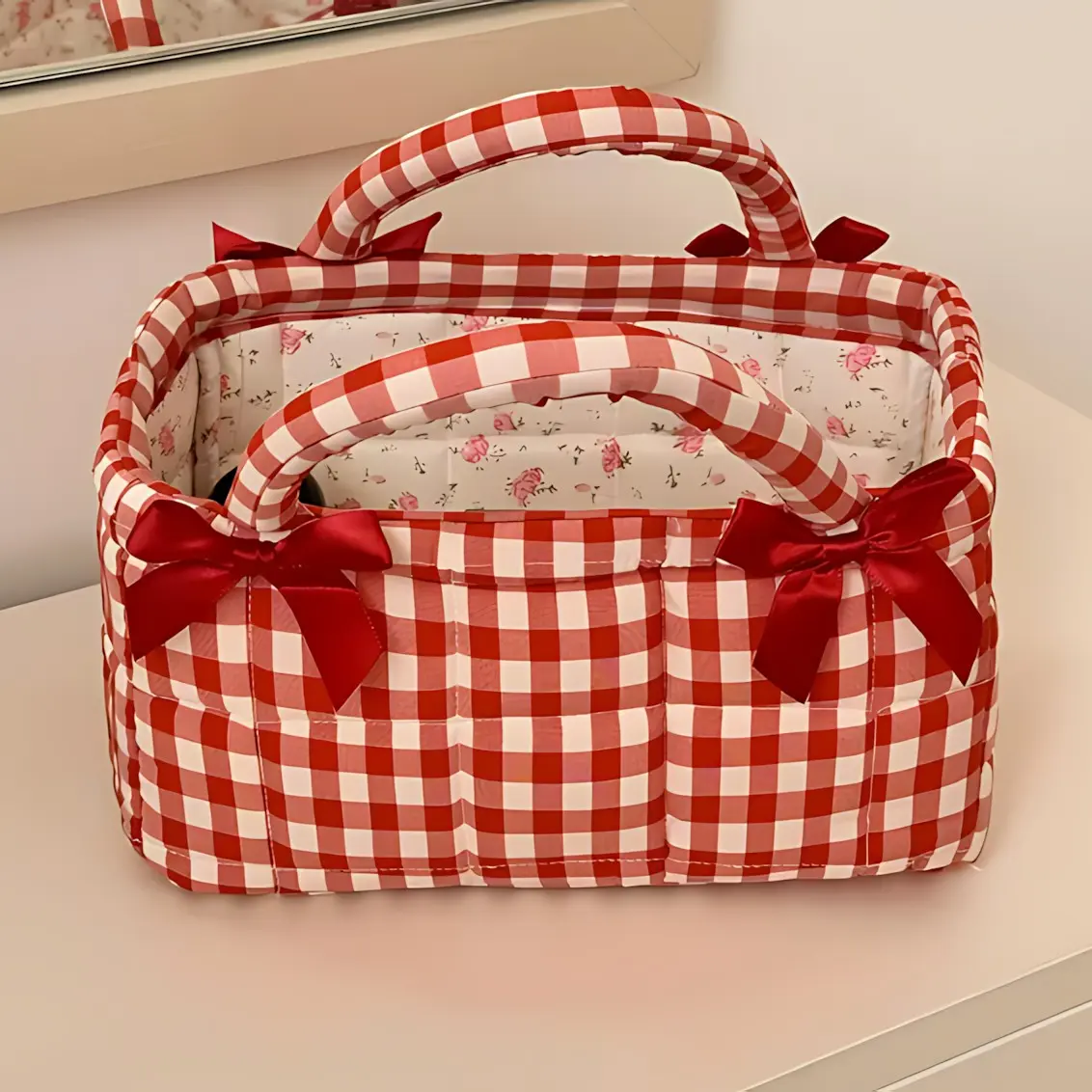 Small Plaid Storage Basket With Handle, French Vintage Quilted Sweet Bow Handheld Organizer, Bathroom Commute Utility Basket