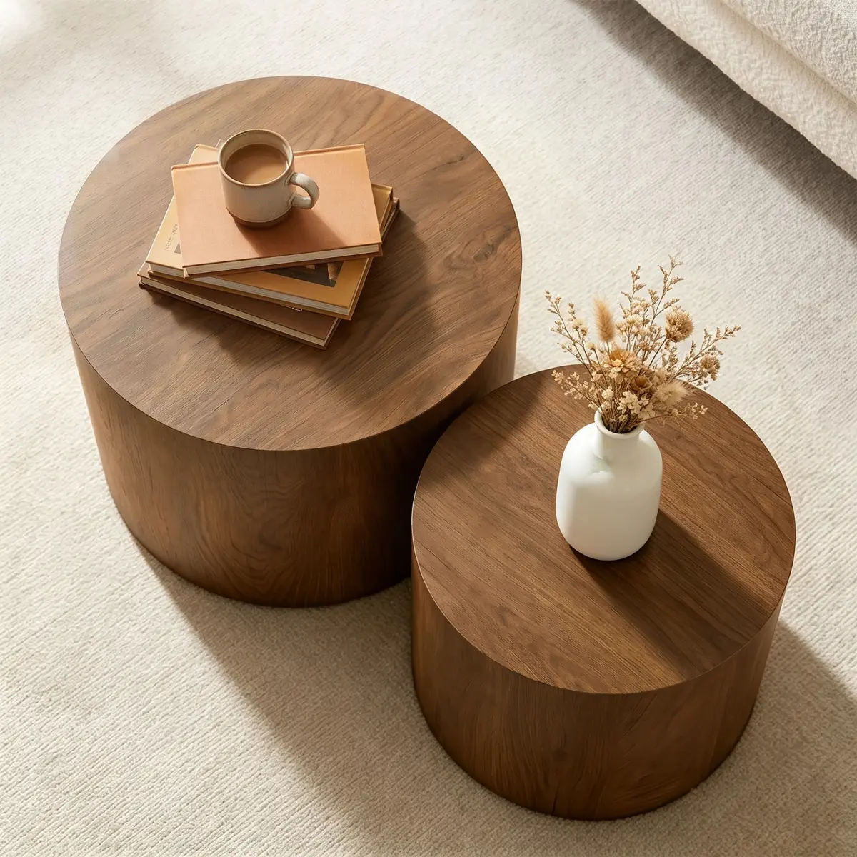 [Bellemave] Nesting Coffee Table Set of 2, Modern Round Coffee Table with Non-Slip Feet, Wood Side Table for Living Room, Bedroom, Office, Balcony, Terrace,Small Space, No Assembling