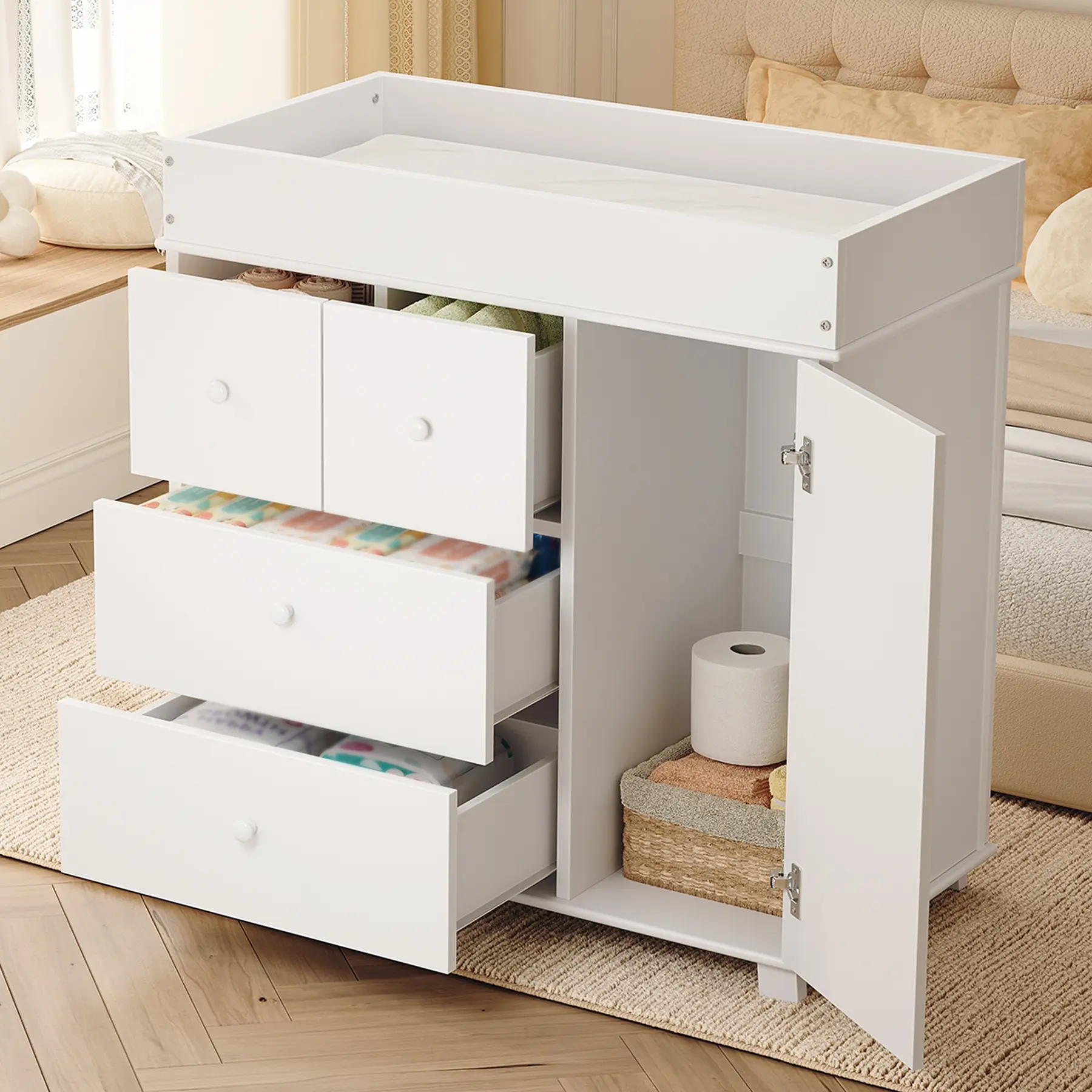 Baby Changing Table Dresser with 5 Drawers, Modern Nursery Dresser with an Open Storage Space, Diaper Changing Station for Bedroom, Kids Room, Baby Room, White