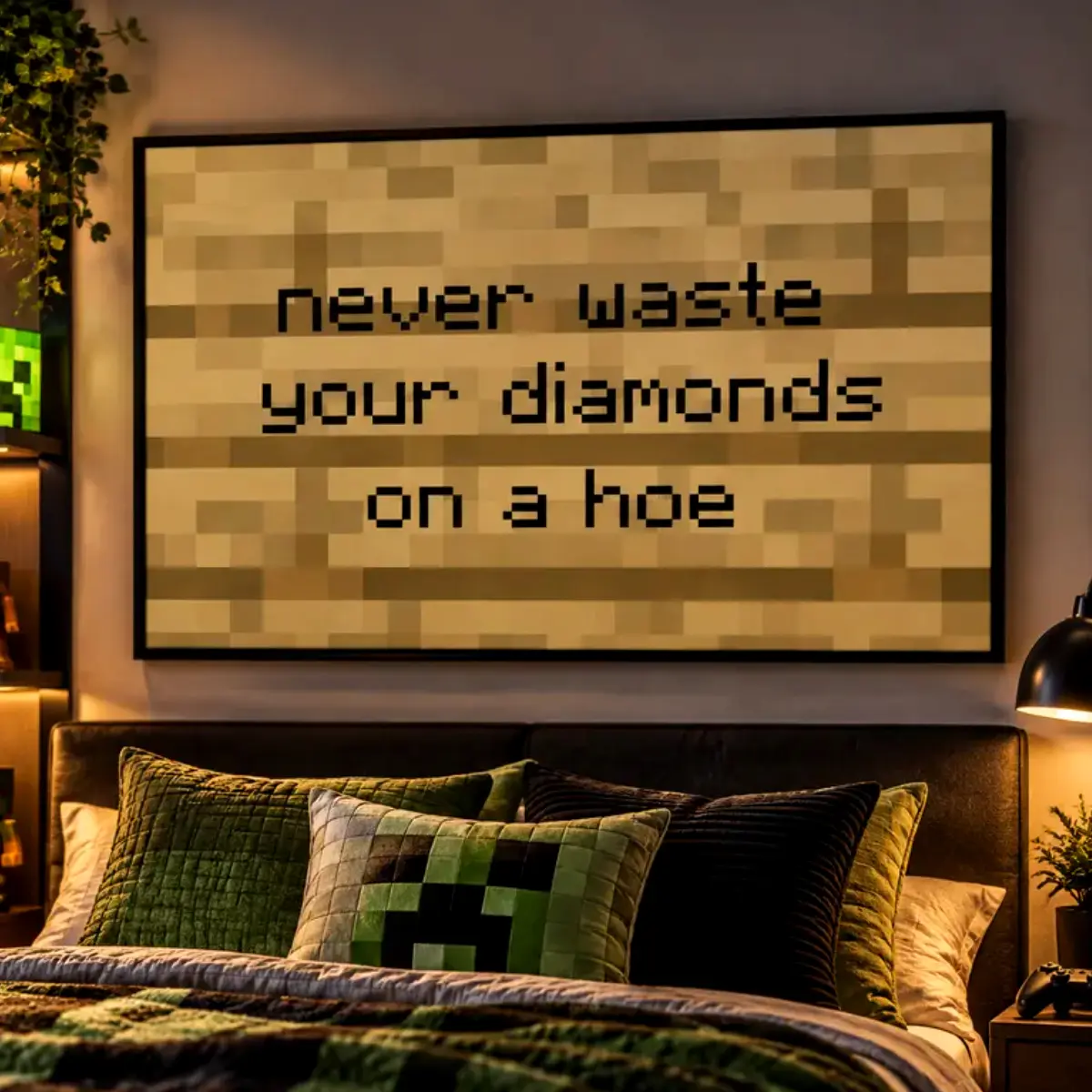 Never Waste Your Diamonds on a Hoe Canvas Wall Art, Funny Pixel Gaming Poster, Retro Gamer Room Decor for Bedroom, Gaming Room, Dorm or Man Cave, Hilarious Gift for Gamers, bedroom gaming room decor, funny wall decor # 124