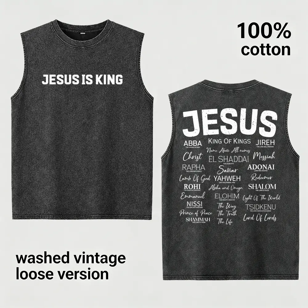Jesus Is King Christian Graphic Vest Acid Wash Oversized Vintage Retro Heavyweight Cotton Vest Names Of God Typography Faithcore Streetwear Y2K Pump Cover Gym Apparel Bible Verse Religion Loose Fit Summer Casual Top Men