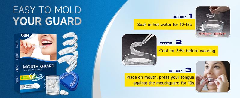 GBN Mouth Guard for Grinding Teeth at Night - Custom Fit Night Guards - Comfortable Mouth Guard for Sleeping, Nightguard, Mouthguard Includes 2 Sizes, 12 Cleaning Tablets