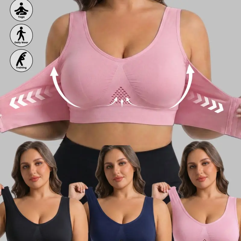 PLUS SIZE Women's Sporty Bra Set, No Underwire, Adjustable Front Buckle, Breathable Back, Seamless Comfort Fabric, Ideal for Daily&Yoga Wear, Yoga Bras, All Seasons